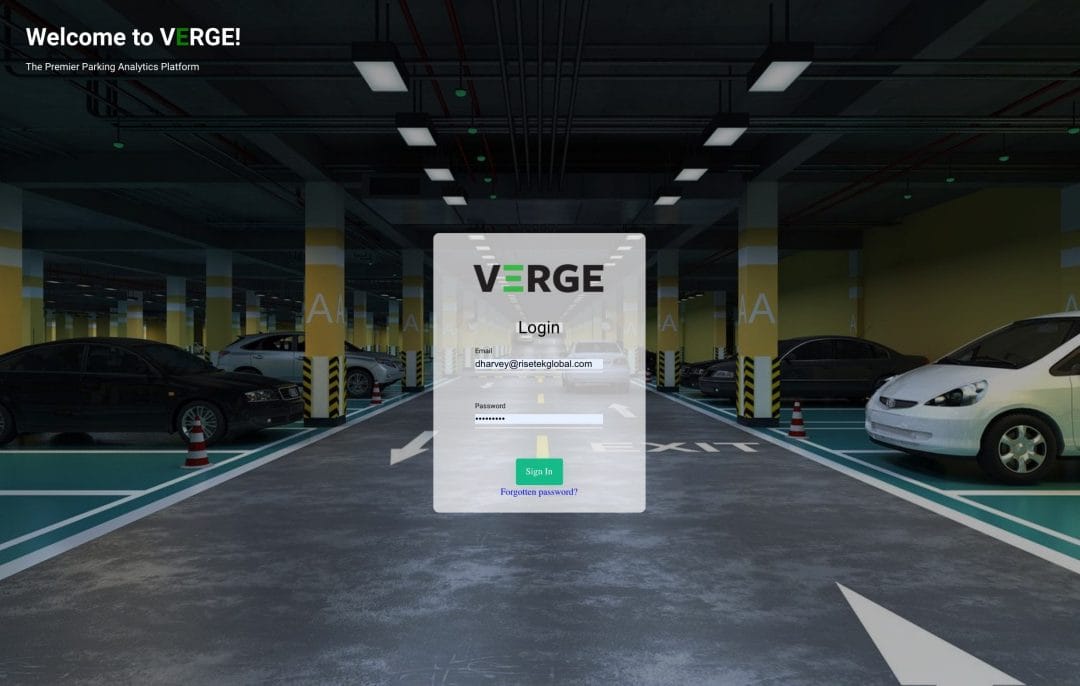 A login screen for VERGE, a parking analytics platform, is centered over a modern indoor parking garage with parked cars, yellow pillars, and overhead lighting. Login fields for email and password, along with "Sign In" and "Forgotten password?" options, are visible.