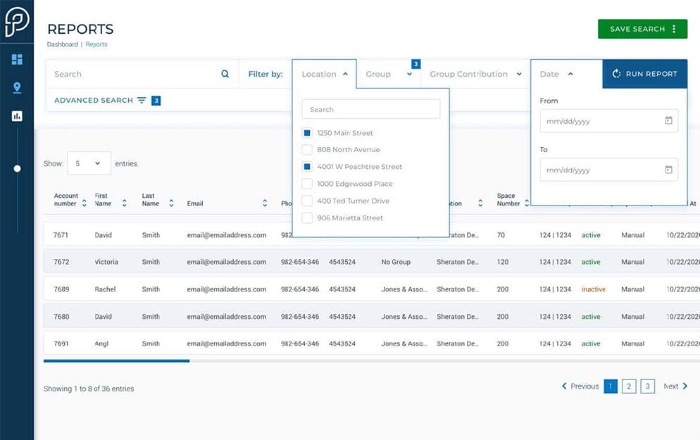 A web dashboard displays a reports page with a data table, filter options, and search tools for Parking Control. Dropdown menus for location and group are open. Date range and "Run Report" button sit above user info and email address listings in the table.